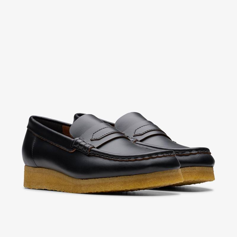 Black Smooth Leather Clarks Wallabee Loafer | CLKS-84824